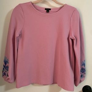 Ann Taylor, small (petite), pink long sleeve blouse with blue flowers embroidery